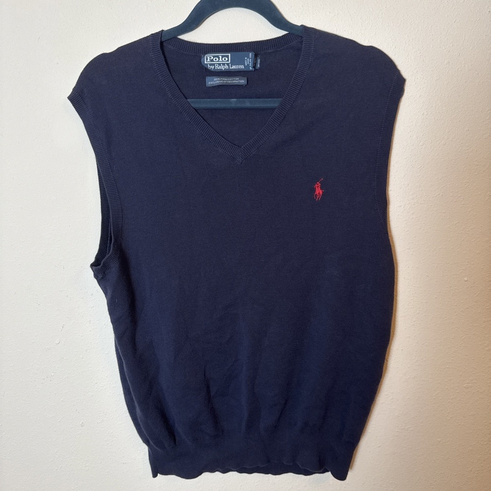 Vintage Polo Ralph Lauren Men's M Navy Blue Sweater Vest Red Horse Pima Cotton